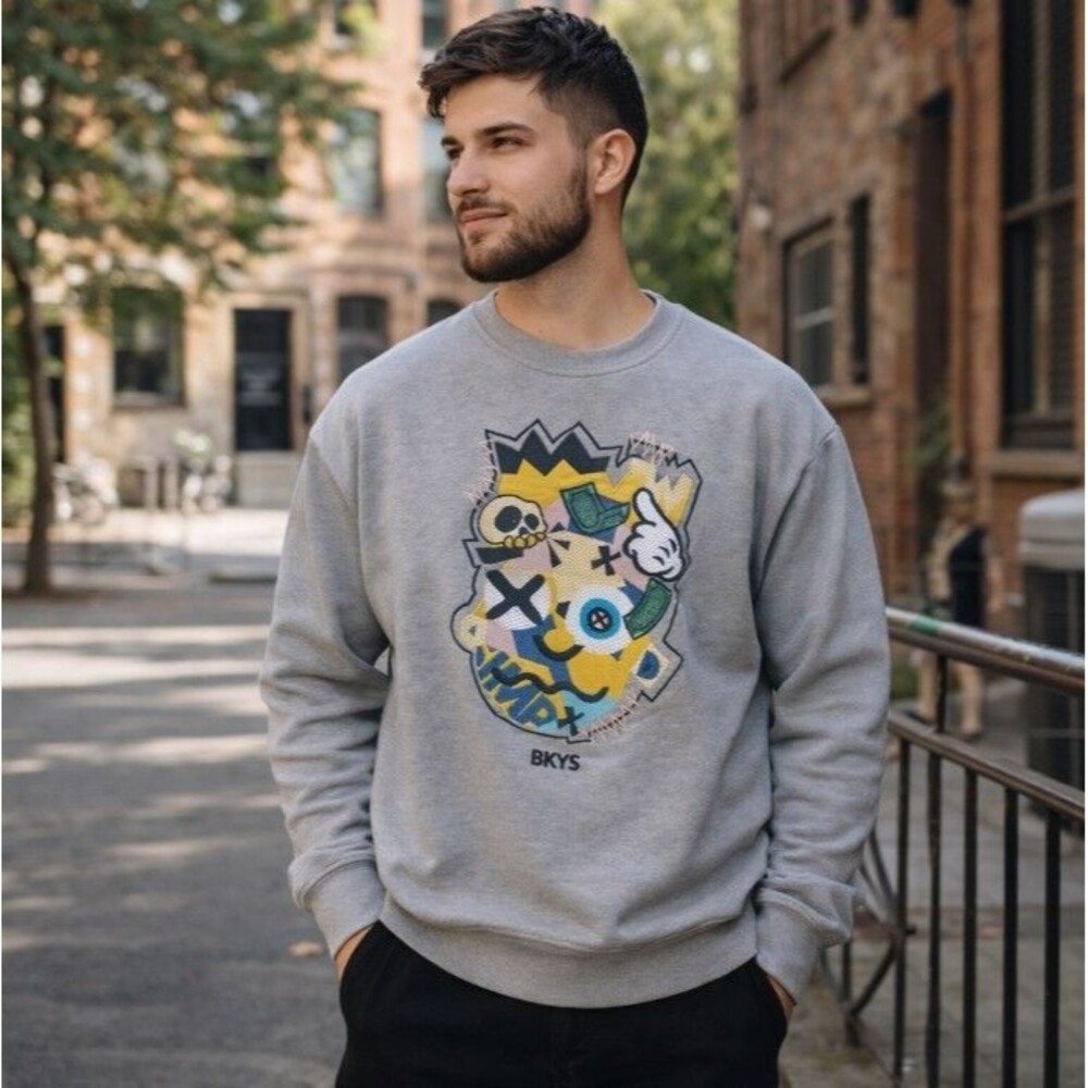 Brooklyn Cloth BKYS Sweatshirt Skull Money Graphic Y2K Streetwear Urban Gray XL